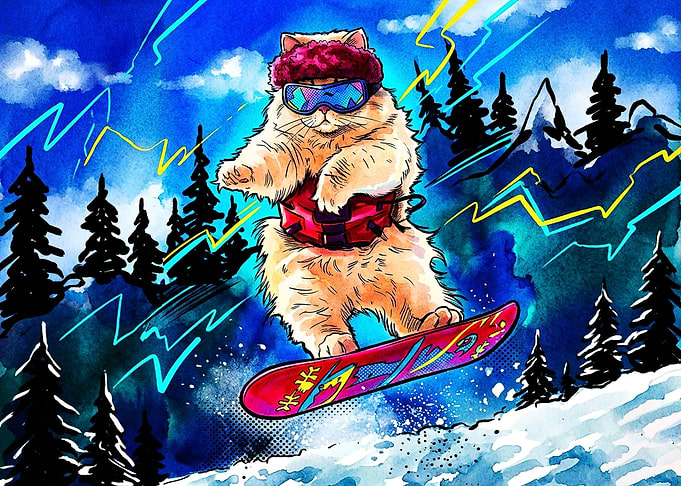 Cool Cat Snowboarding in Mountains