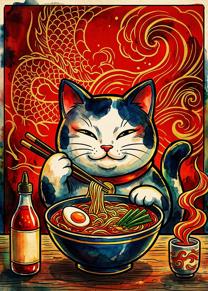 Cat Eating Ramen with Dragon Background