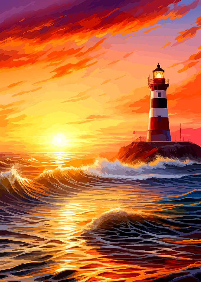 Lighthouse at Sunset Over Ocean