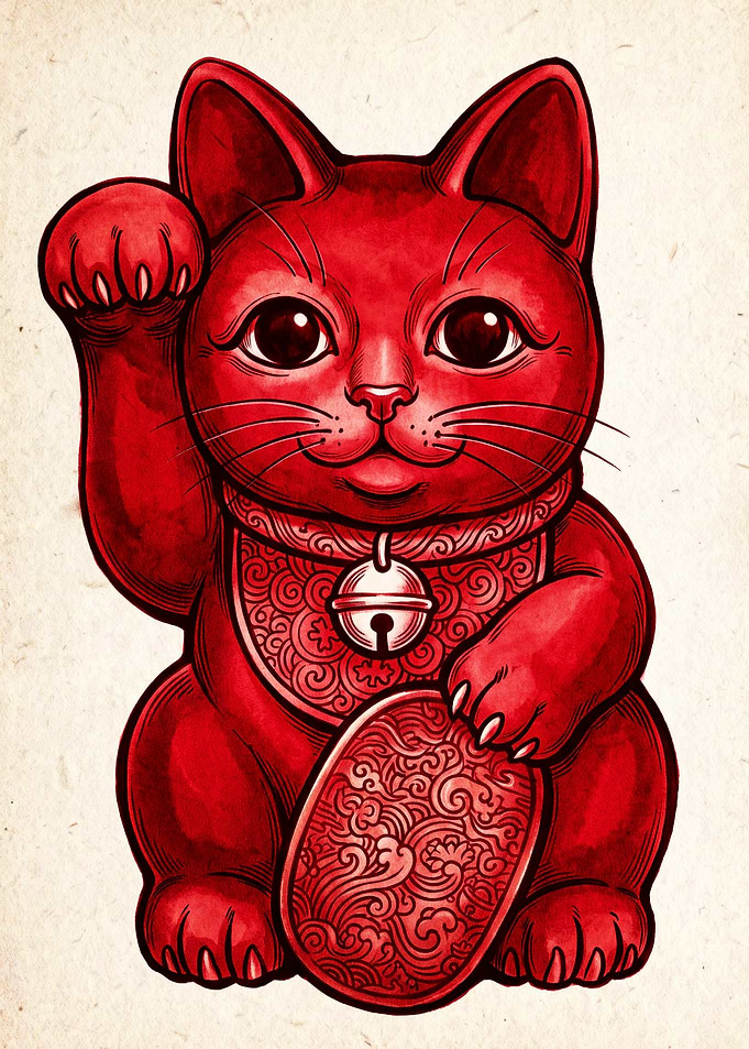 Red Maneki-Neko Lucky Cat Illustration