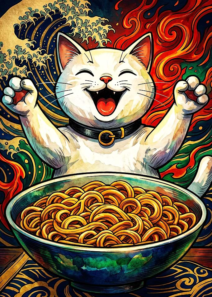 Happy Cat Eating Ramen Noodles