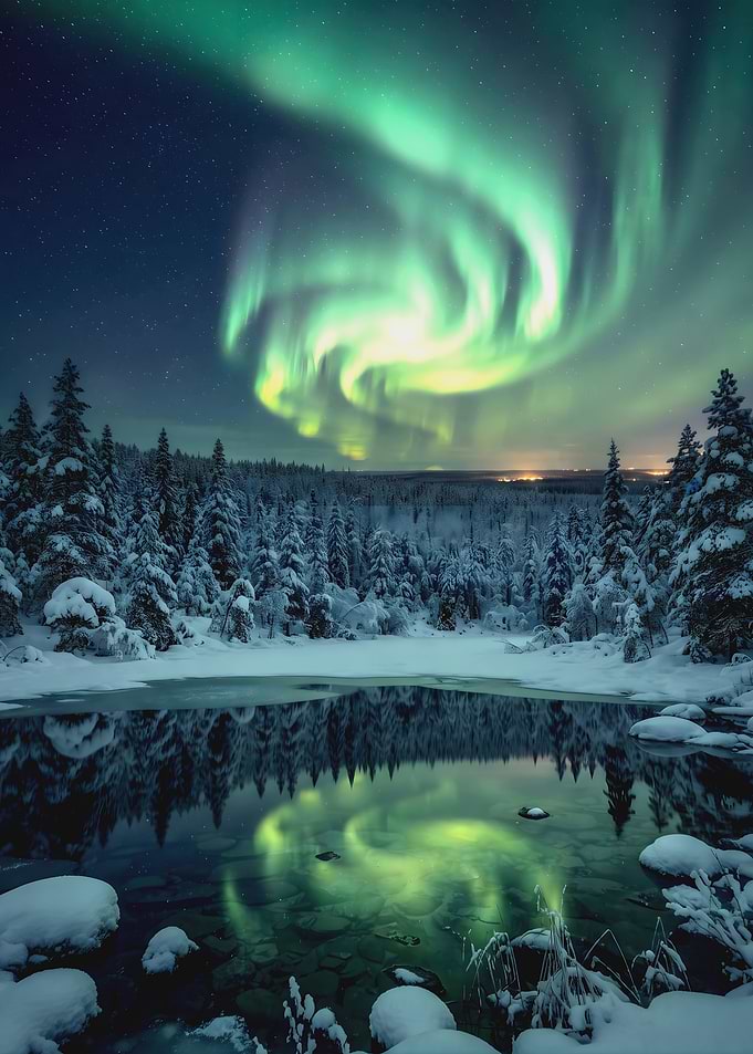 Northern Lights Over Snowy Forest Lake