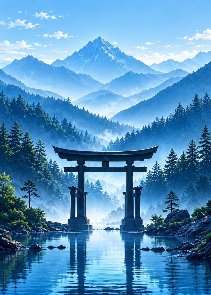 Torii Gate in Misty Mountain Landscape