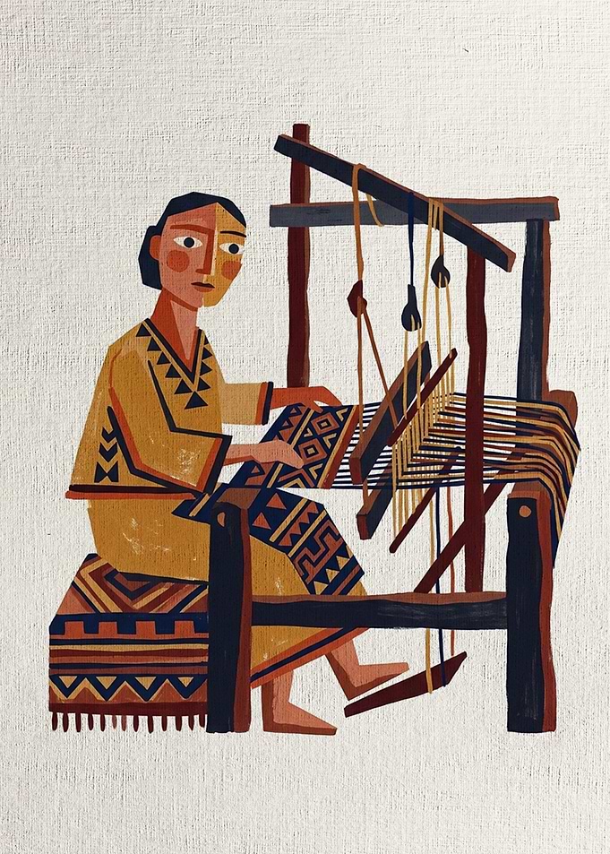 Traditional Weaver at Loom Illustration