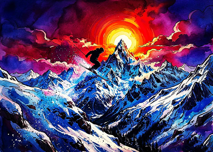 Skier Jumping Over Vibrant Mountain Peaks
