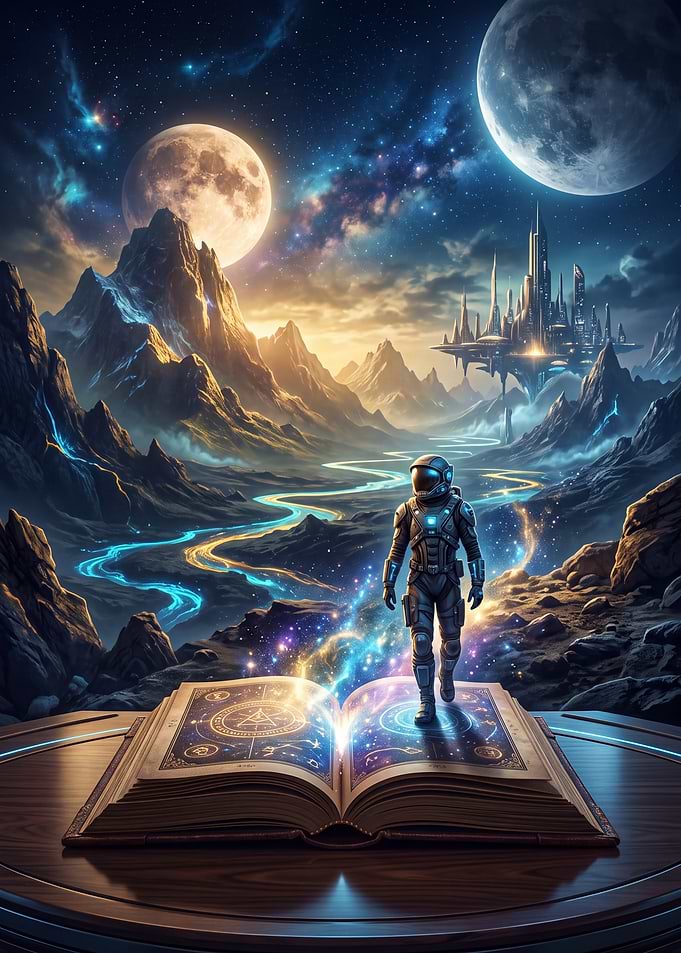 Astronaut Emerging from Magical Book