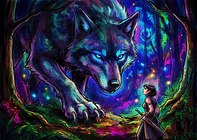 Warrior Facing a Giant Magical Wolf