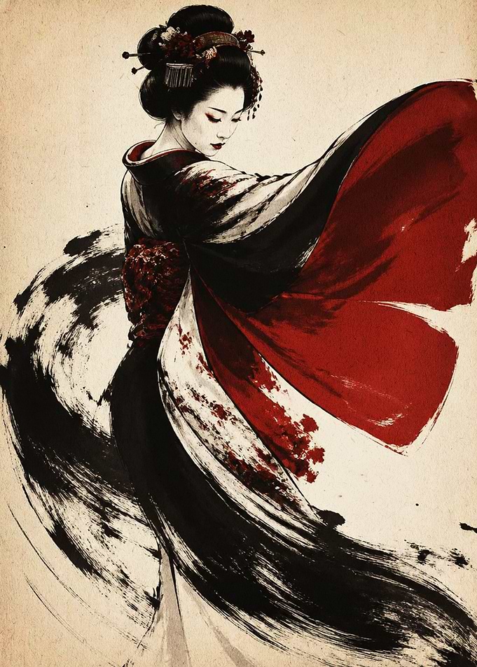 Elegant Geisha in Ink Wash Style