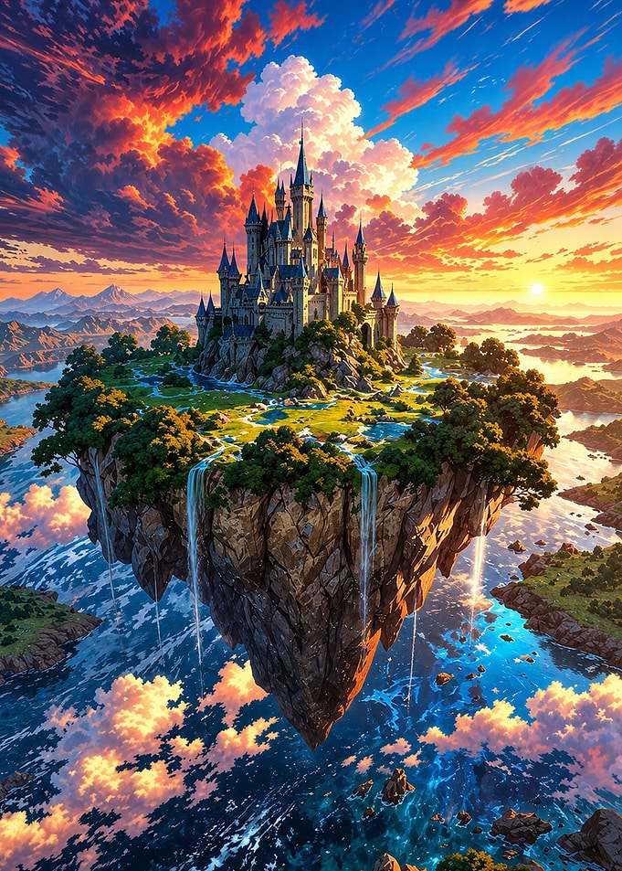 Floating Castle in Sunset Sky