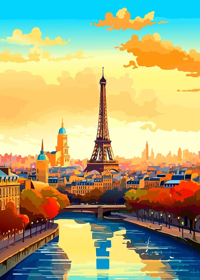 Eiffel Tower Sunset Paris Illustration