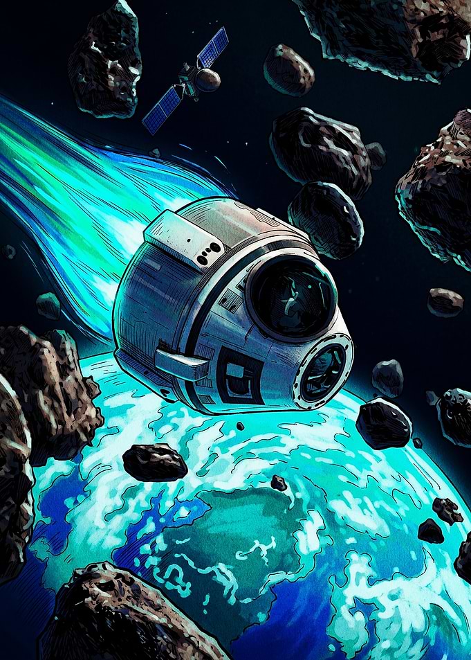 Space Capsule Re-entry Through Asteroid Field