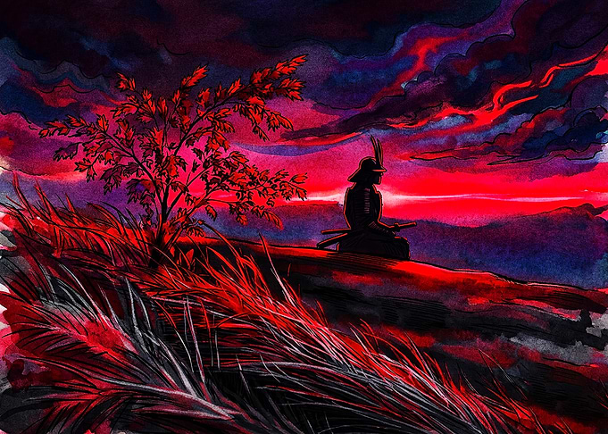 Samurai Silhouette at Crimson Sunset