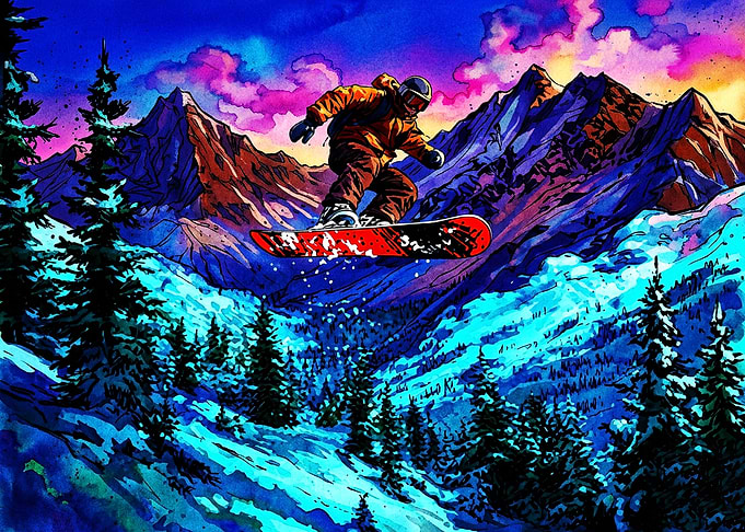 Vibrant Snowboarder Jumping Over Mountains