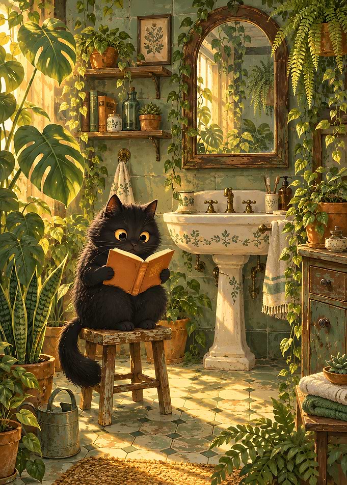 Black Cat Reading in Sunny Bathroom
