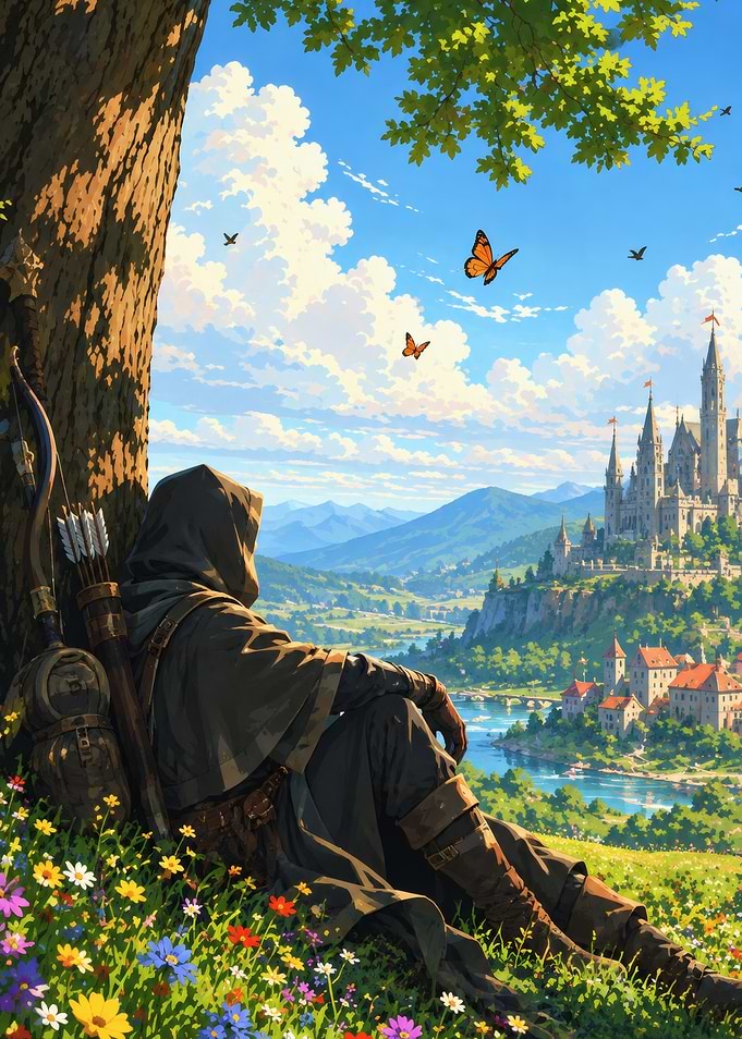Archer Resting Overlooking Fantasy Kingdom