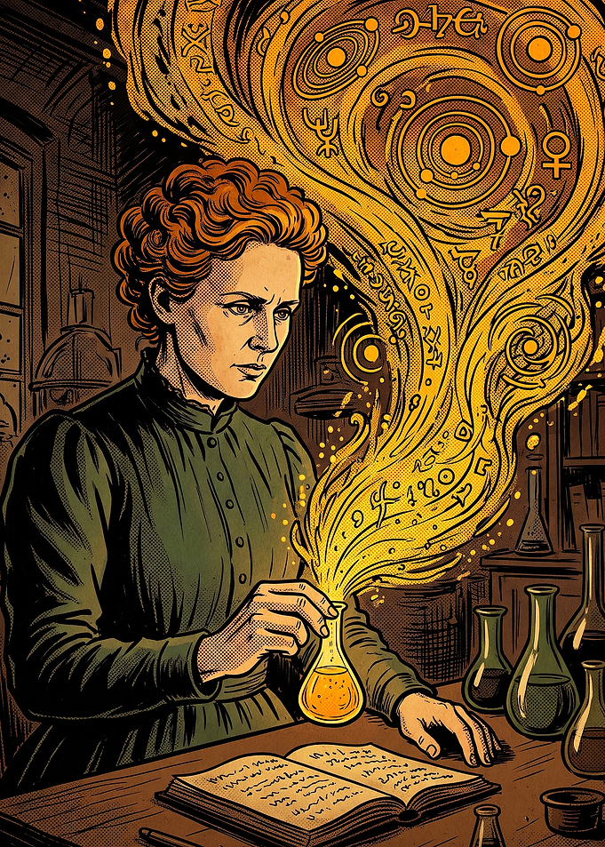 Marie Curie Alchemy Laboratory Illustration