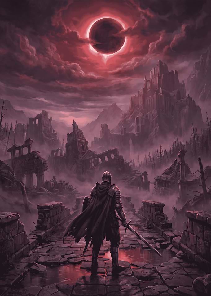 Dark Fantasy Knight Before Ruined Castle