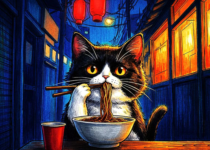 Cat Eating Ramen in Night Alley