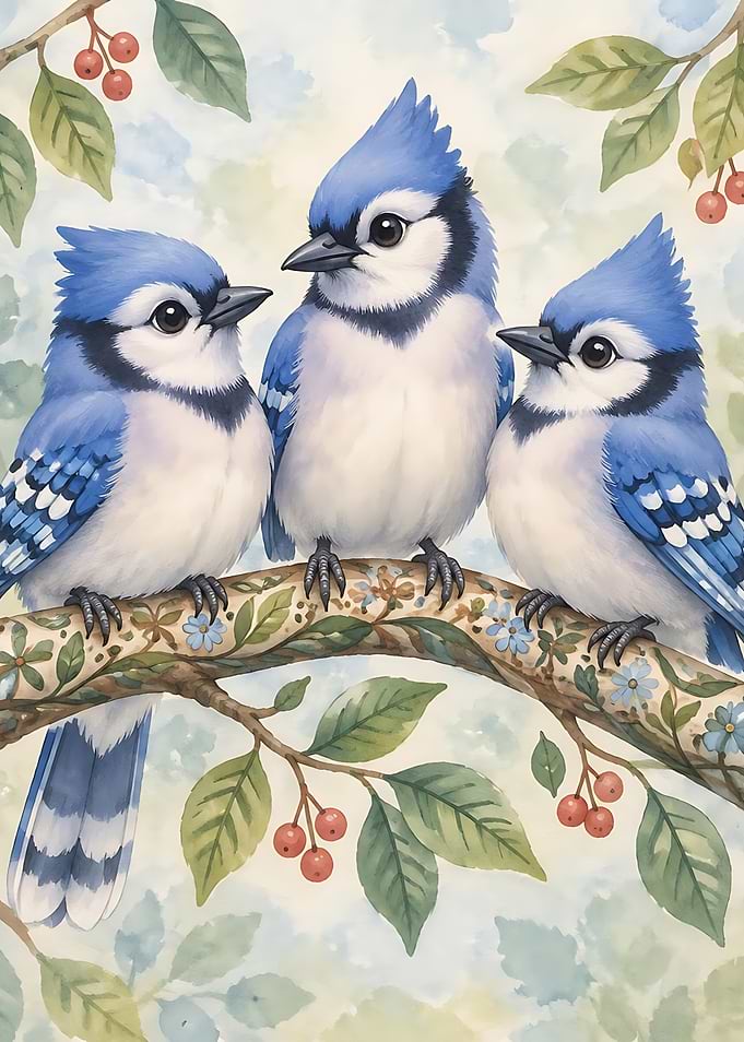 Three Blue Jays on Floral Branch
