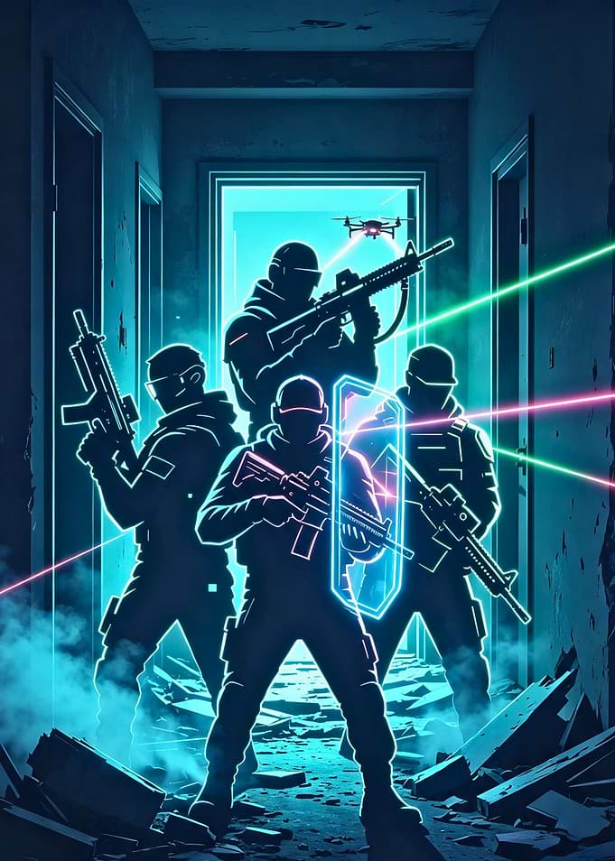 Tactical Squad in Neon Corridor