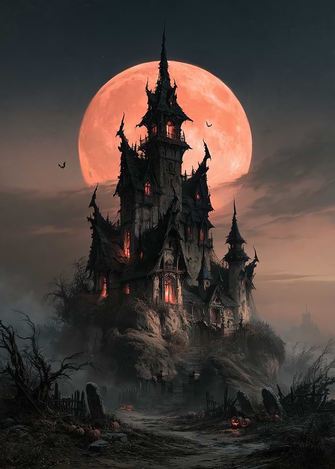 Spooky Haunted Castle Under Blood Moon