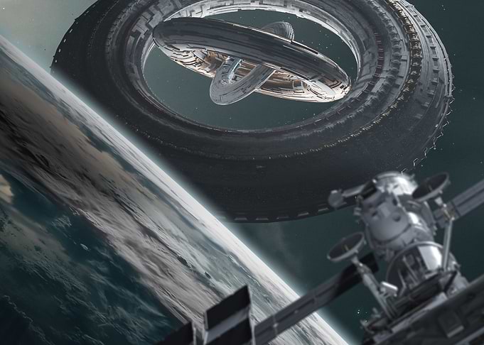 Massive Space Station Orbiting Earth