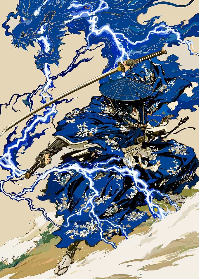 Samurai with Blue Lightning Dragon