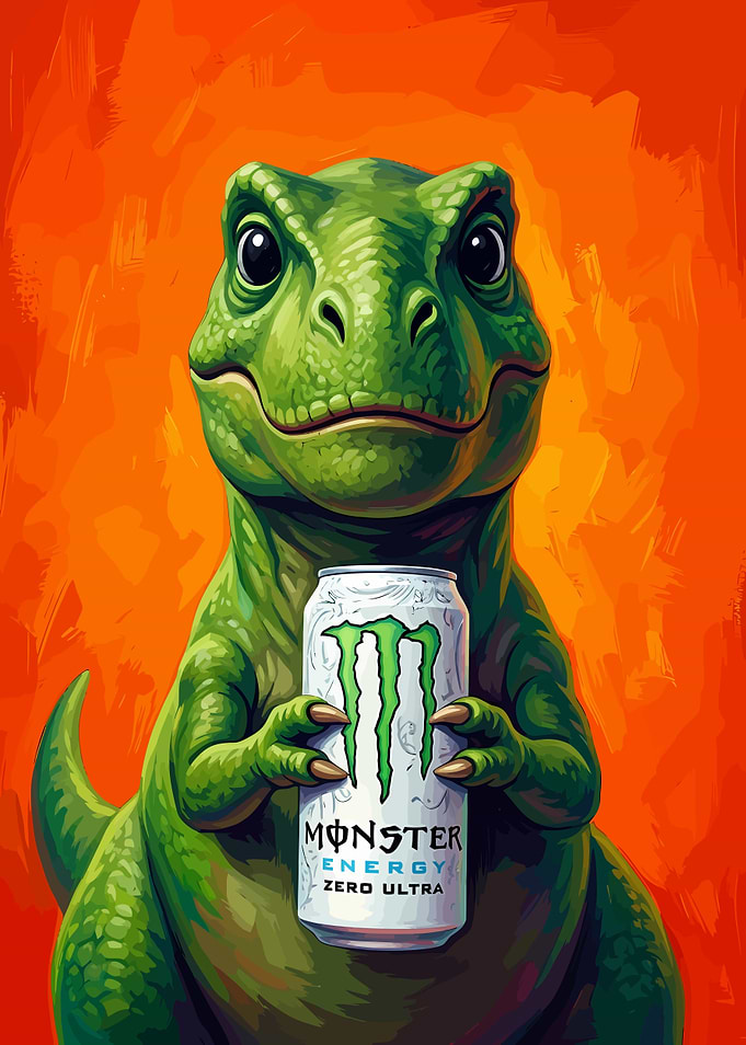 Cute Dinosaur Holding Monster Energy Drink