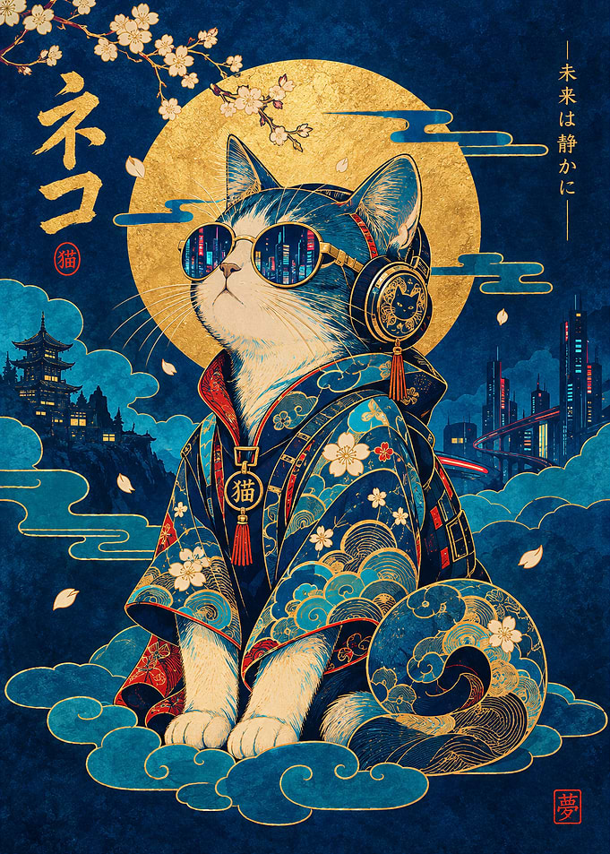 Cyberpunk Cat in Traditional Kimono