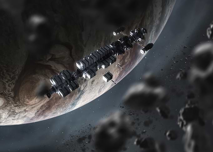 Spaceship Traveling Near Gas Giant