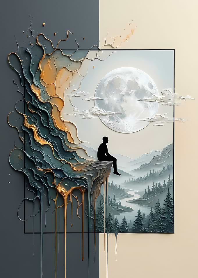 Solitary Figure Overlooking Moonlit Landscape