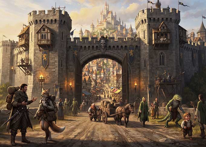 Adventurers Entering a Medieval Fantasy City