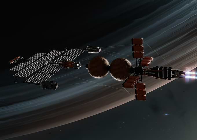 Spaceship Traveling Near Ringed Planet