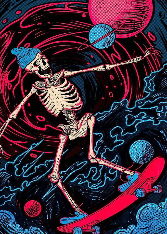 Space Skeleton Skater Retro Art