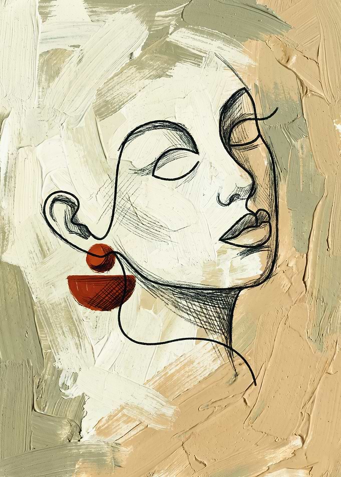 Abstract Female Face Line Art Textured Acrylic Paint