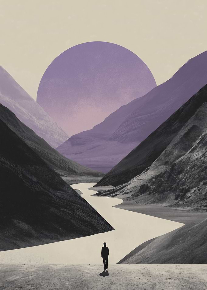 Lone Figure in a Purple Mountain Valley