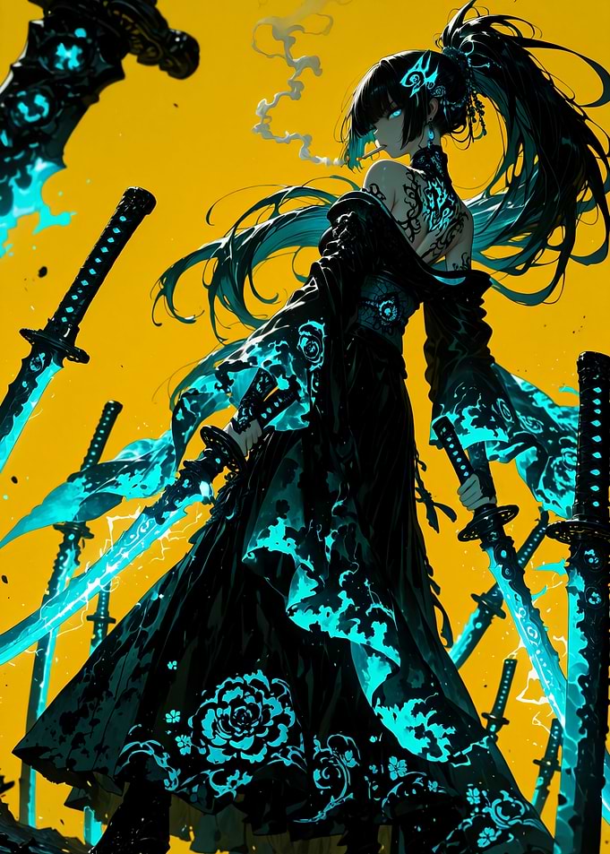 Anime Warrior Girl with Glowing Swords