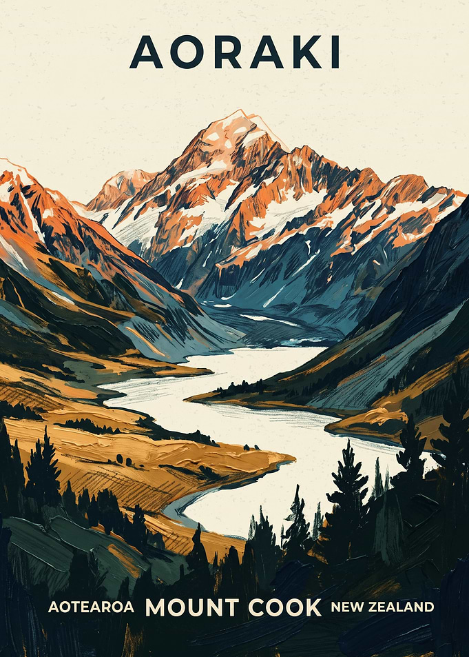 Mount Cook New Zealand Travel Mountain Vintage Poster