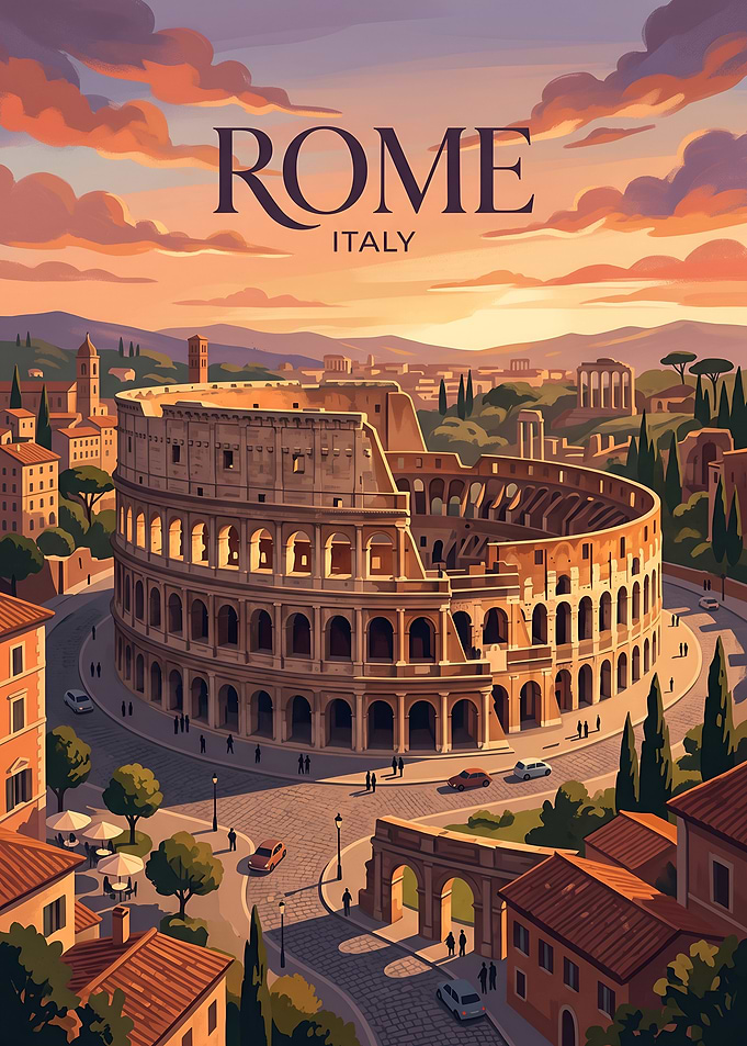 Sunset Over Ancient Rome and the Colosseum