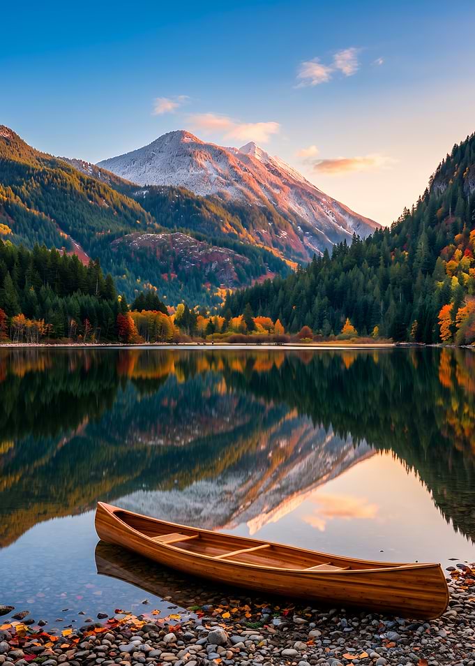 Canoe on a Serene Mountain Lake
