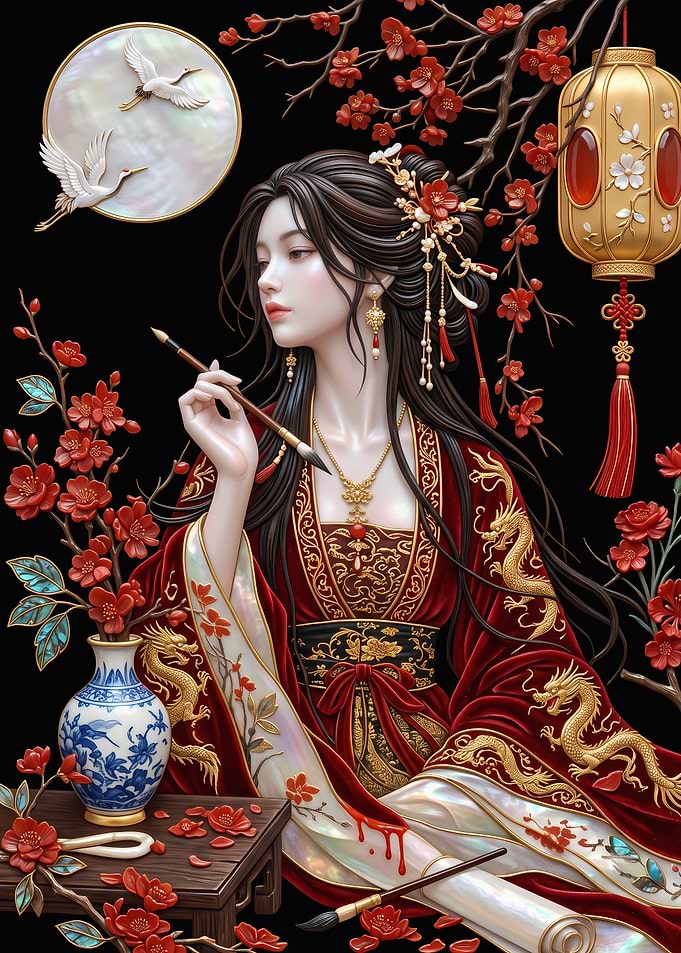 Elegant Chinese Woman Painting with Brush