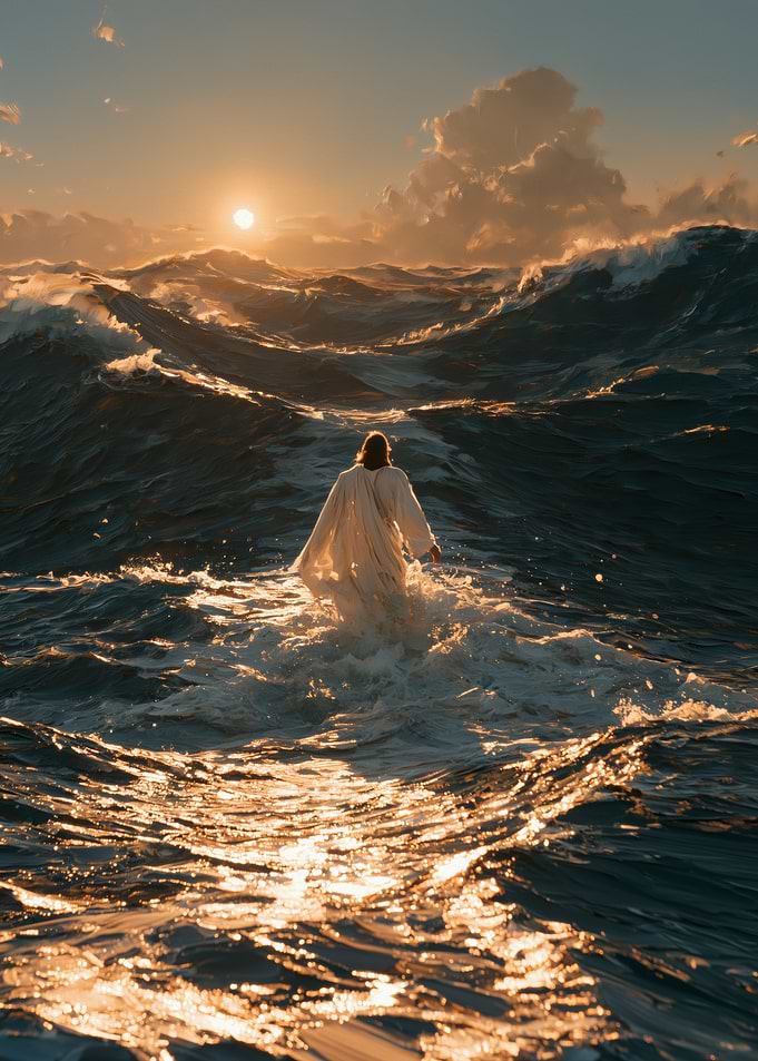 Jesus Walking on Water at Sunset