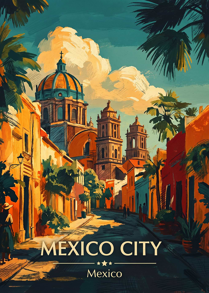 Mexico City Street Travel Poster Vintage Painting