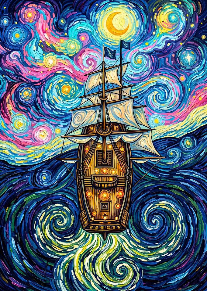 Sailing Ship in Starry Night Style