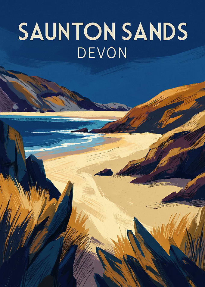 Saunton Sands Devon Travel Vintage Illustration