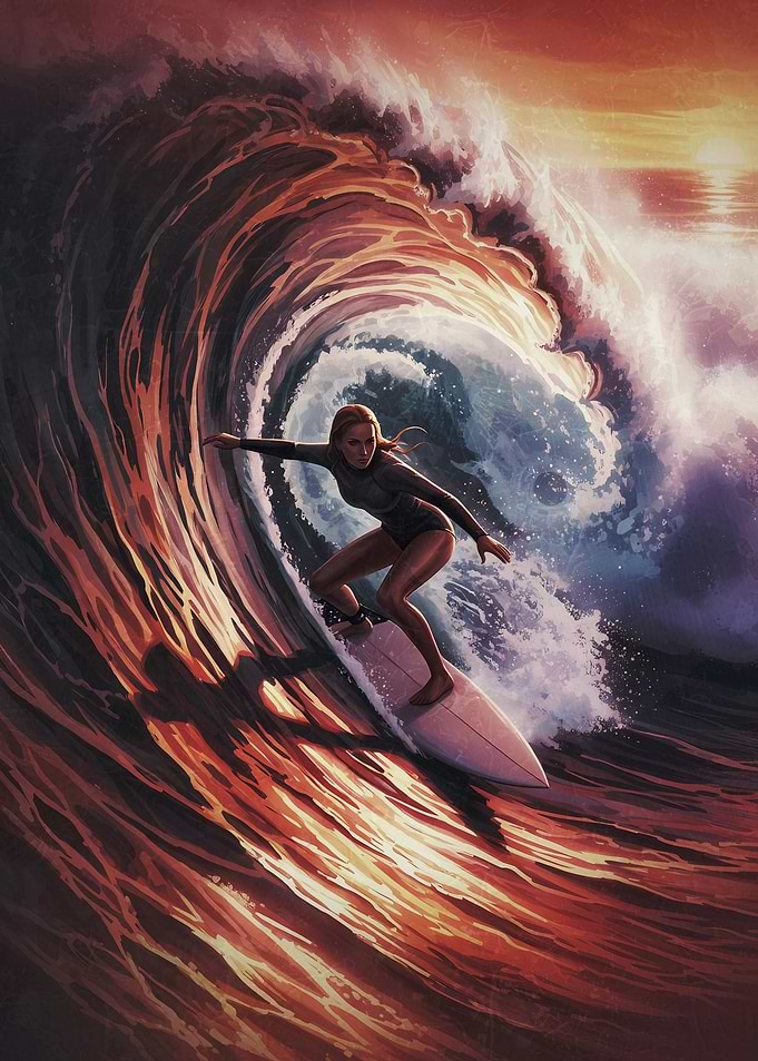 Surfer Riding a Golden Sunset Wave