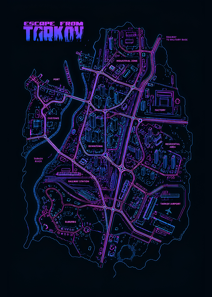Escape From Tarkov Neon Map Poster