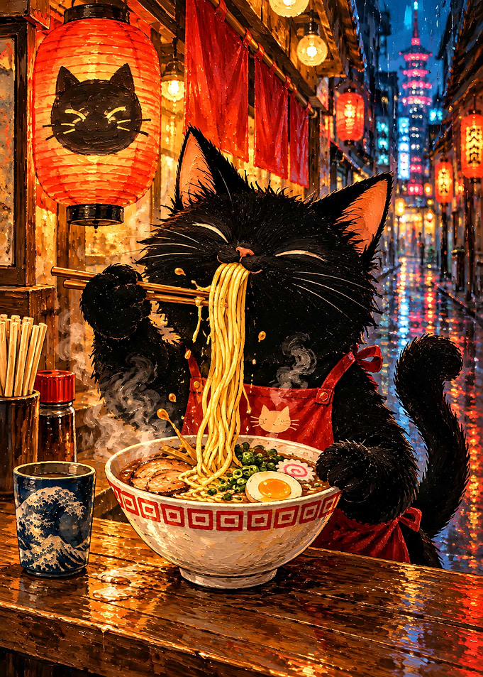 Black Cat Eating Ramen in Japan