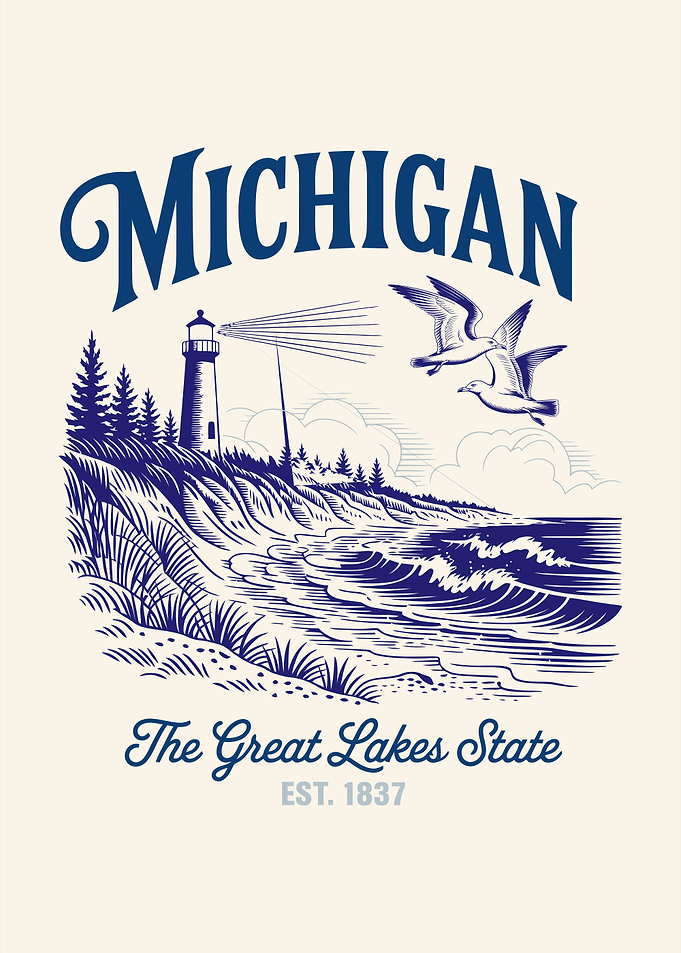 Michigan The Great Lakes State Vintage Illustration
