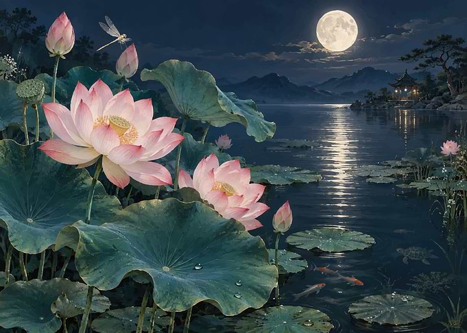 Moonlit Lotus Pond at Night